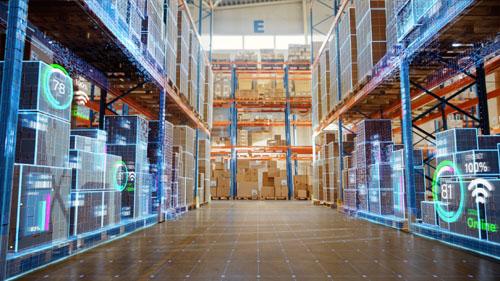 Futuristic Technology Retail Warehouse: Digitalization and Visualization of Industry 4.0 Process that Analyzes Goods, Cardboard Boxes, Products Delivery Infographics in Logistics, Distribution Center